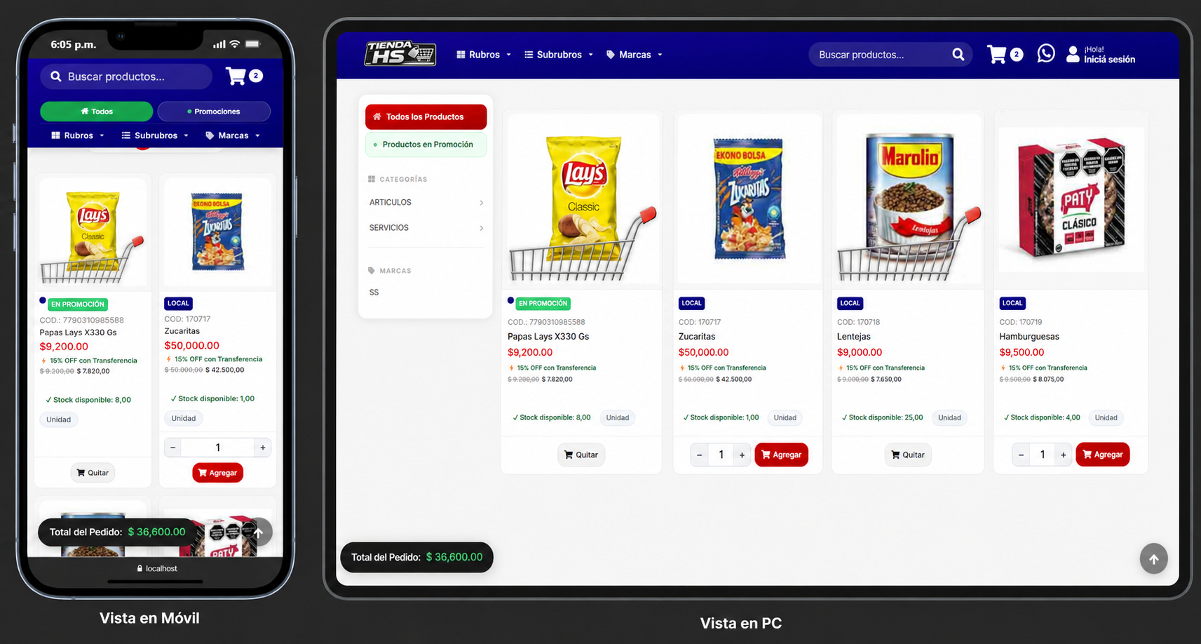 Tienda Online — Vista móvil y PC